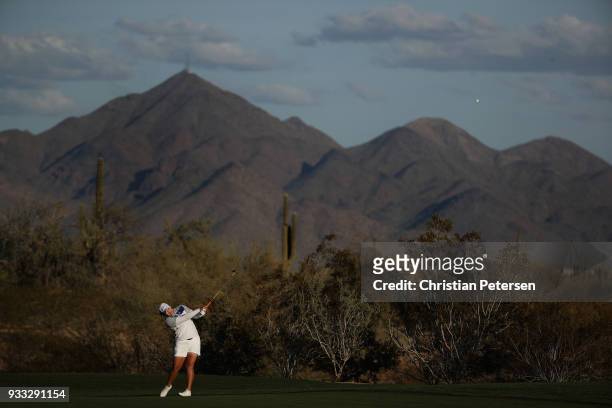 Ariya Jutanugarn of Thailand plays her second shot on the 18th hole during the third round of the Bank Of Hope Founders Cup at Wildfire Golf Club on...