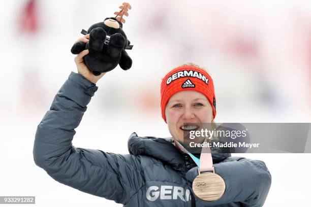 Andrea Rothfuss celebrates with her bronze medal in the Women's Standing Slalom at Jeongseon Alpine Centre on Day 9 of the PyeongChang 2018...