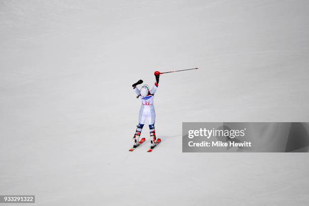 Marie Bochet of France celebrates victory in the Women's Slalom, Standing on day nine of the PyeongChang 2018 Paralympic Games on March 18, 2018 in...