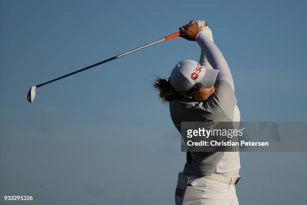 Ariya Jutanugarn of Thailand plays a tee shot on the 18th hole during the third round of the Bank Of Hope Founders Cup at Wildfire Golf Club on March...