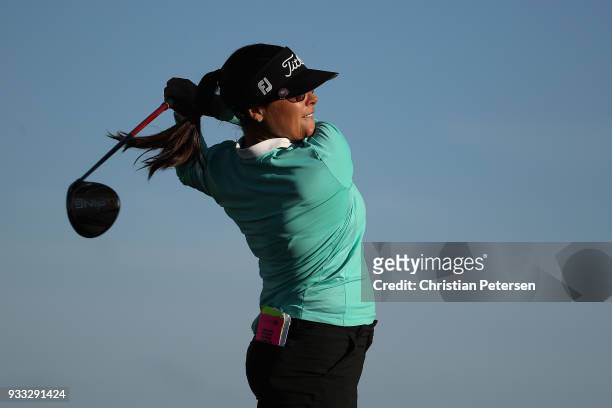 Mariajo Uribe of Columbia plays a tee shot on the 18th hole during the third round of the Bank Of Hope Founders Cup at Wildfire Golf Club on March...