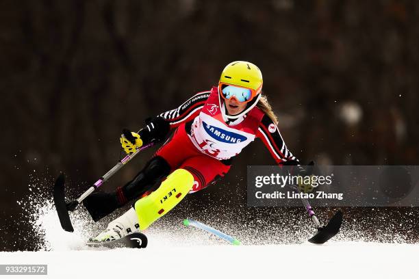 Frederique Turgeon of Canada competes in the Alpine Skiing- Women's Slalom Run 1 - Standing during day nine of the PyeongChang 2018 Paralympic Games...