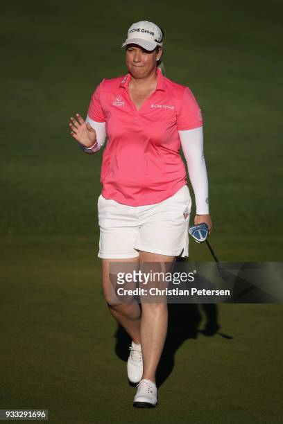 Brittany Lincicome reacts to her putt on the 17th green during the third round of the Bank Of Hope Founders Cup at Wildfire Golf Club on March 17,...