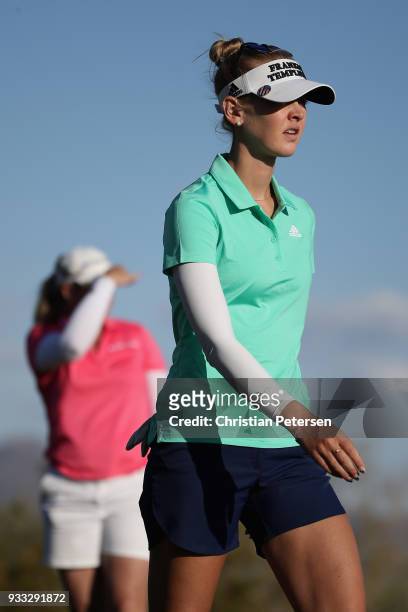Jessica Korda walks from the 18th tee box during the third round of the Bank Of Hope Founders Cup at Wildfire Golf Club on March 17, 2018 in Phoenix,...