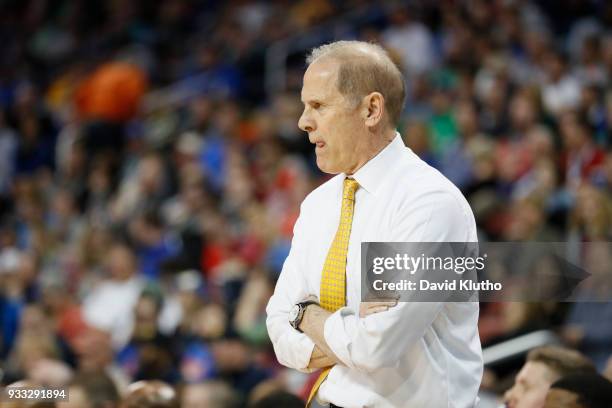 Head Coach John Beilein of the Michigan Wolverines watches his team while they take on the Houston Cougars in the second round of the 2018 NCAA...