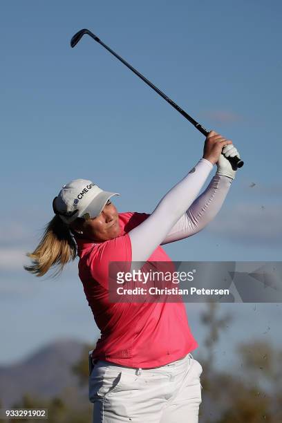 Brittany Lincicome plays a tee shot on the 17th hole during the third round of the Bank Of Hope Founders Cup at Wildfire Golf Club on March 17, 2018...