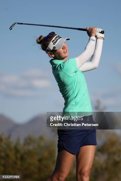 Jessica Korda plays a tee shot on the 17th hole during the third round of the Bank Of Hope Founders Cup at Wildfire Golf Club on March 17, 2018 in...