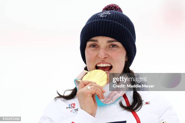 Marie Bochet of France celebrates with her gold medal in the Women's Standing Slalom at Jeongseon Alpine Centre on Day 9 of the PyeongChang 2018...