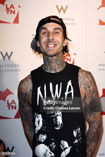 Drummer Travis Barker of Blink 182 arrives at the Los Angeles Youth Network benefit concerts at Avalon on November 22, 2009 in Hollywood, California.