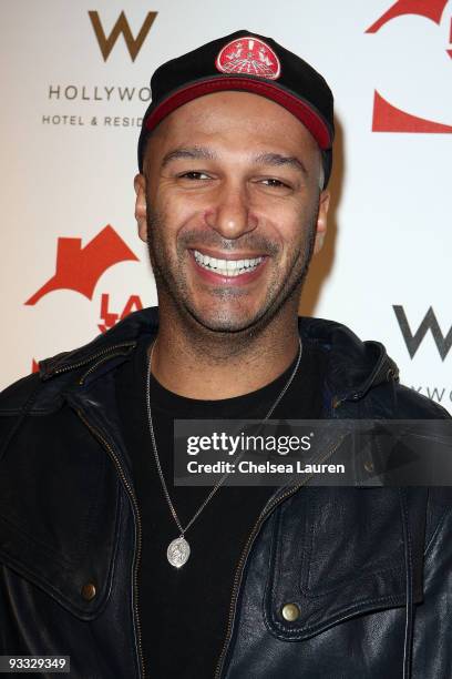 Guitarist Tom Morello of Street Sweeper Social Club arrives at the Los Angeles Youth Network benefit concerts at Avalon on November 22, 2009 in...