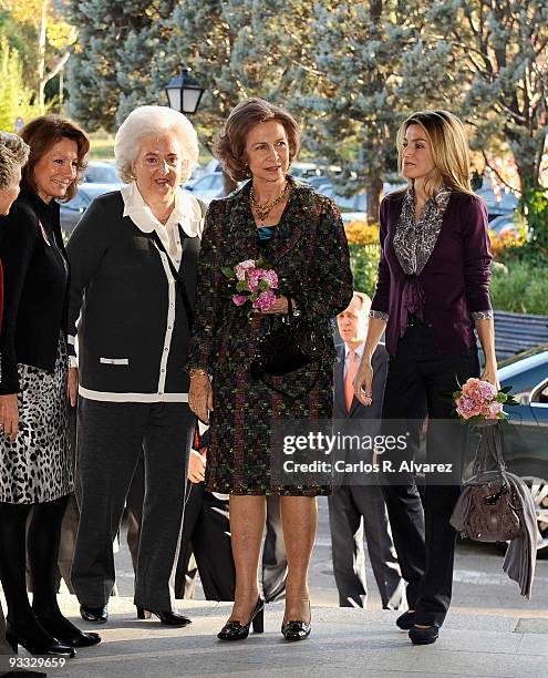 Pilar de Borbon, Queen Sofia of Spain, Princess Letizia of Spain and visit "Rastrillo Nuevo Futuro" on November 23, 2009 in Madrid, Spain.