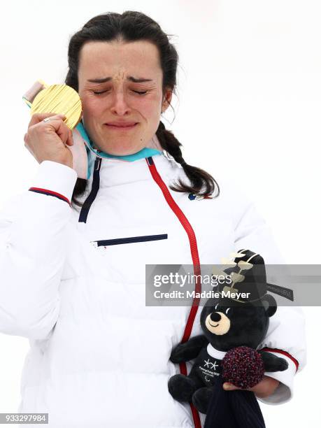 Marie Bochet of France celebrates with her gold medal in the Women's Standing Slalom at Jeongseon Alpine Centre on Day 9 of the PyeongChang 2018...