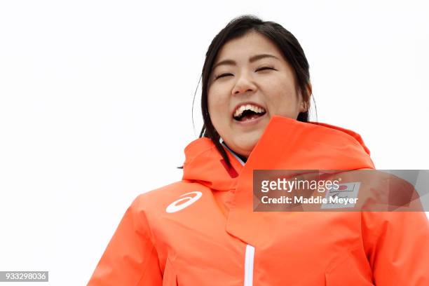 Momoka Muraoka of Japan laughs before receiving her silver medal in the Women's Sitting Slalom at Jeongseon Alpine Centre on Day 9 of the PyeongChang...
