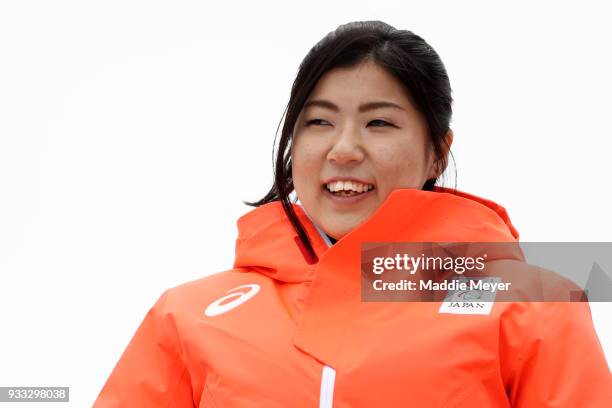 Momoka Muraoka of Japan laughs before receiving her silver medal in the Women's Sitting Slalom at Jeongseon Alpine Centre on Day 9 of the PyeongChang...