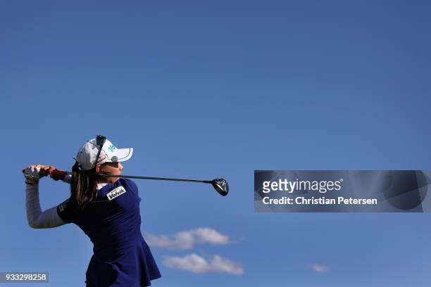 Chella Choi of South Korea plays a tee shot on the 16th hole during the third round of the Bank Of Hope Founders Cup at Wildfire Golf Club on March...