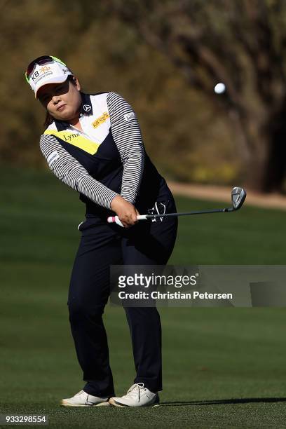 Inbee Park of South Korea plays her second shot on the 15th hole during the third round of the Bank Of Hope Founders Cup at Wildfire Golf Club on...