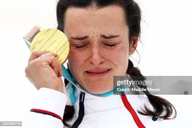 Marie Bochet of France celebrates with her gold medal in the Women's Standing Slalom at Jeongseon Alpine Centre on Day 9 of the PyeongChang 2018...