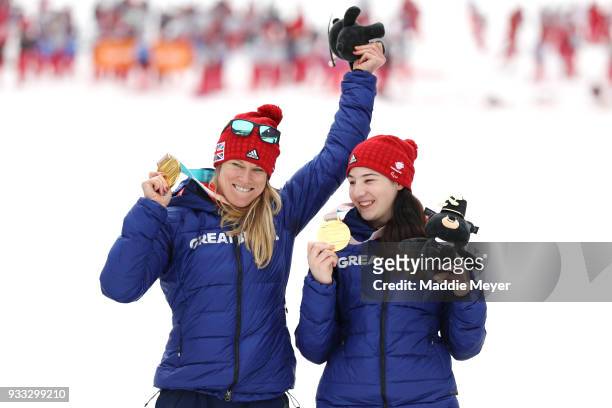 Menna Fitzpatrick of Great Britain, right, and her guide Jennifer Kehoe celebrate after winning the gold medal in the Women's Visually Impaired...