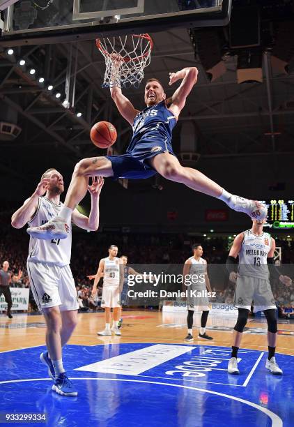 Mitch Creek of the Adelaide 36ers dunks during game two of the NBL Grand Final series between the Adelaide 36ers and Melbourne United at Titanium...