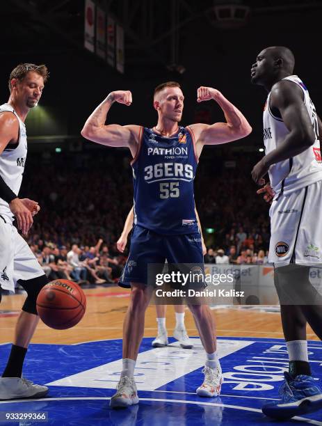 Mitch Creek of the Adelaide 36ers reacts during game two of the NBL Grand Final series between the Adelaide 36ers and Melbourne United at Titanium...