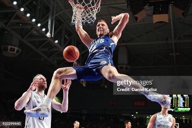 Mitch Creek of the Adelaide 36ers dunks during game two of the NBL Grand Final series between the Adelaide 36ers and Melbourne United at Titanium...