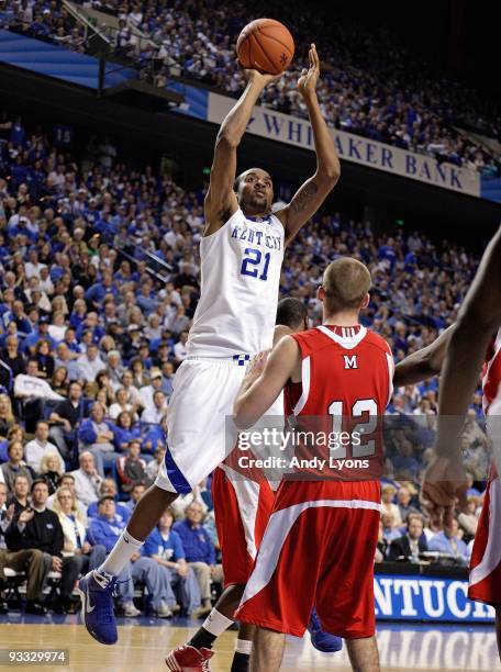 Perry Stevenson of the Kentucky Wildcats shoots the ball during the game against the Miami University Redhawks at Rupp Arena on November 16, 2009 in...