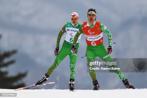 Mikita Ladzesau and his guide Aliaksei Lukyanau of Belarus in action during the 4x2.5km open relay during day nine of the PyeongChang 2018 Paralympic...