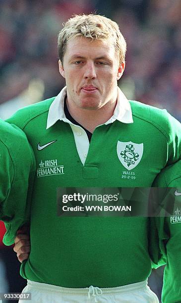 Portrait du n·8 irlandais, Eric Miller, pris le 20 février au stade de Wembley à Londres, avant le début du match de rugby du Tournoi des Cinq...