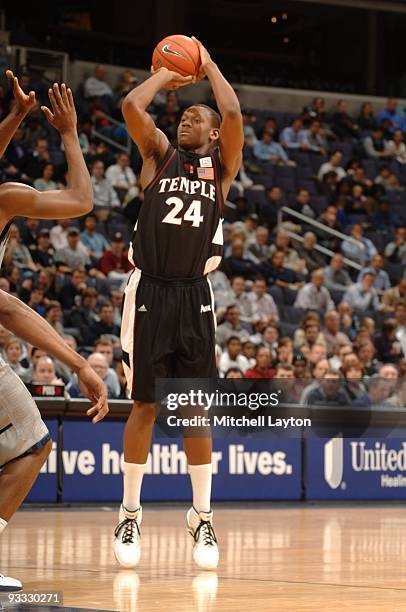 Lavoy Allen of the Temple Owls takes a jump shot during a college basketball game against the Georgetown Hoyas on November 17, 2009 at Verizon Center...