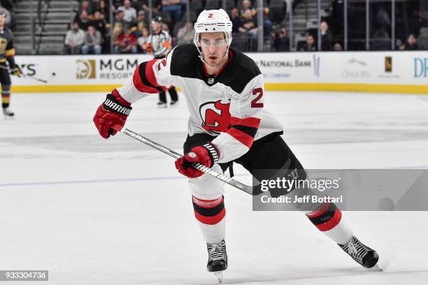 John Moore of the New Jersey Devils skates against the Vegas Golden Knights during the game at T-Mobile Arena on March 14, 2018 in Las Vegas, Nevada.