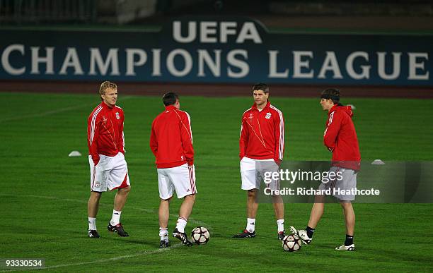 Dirk Kuyt, Jamie Carragher, Steven Gerrard and Daniel Agger of Liverpool attend the Liverpool training session at the Ferenc Puskas Stadium on...