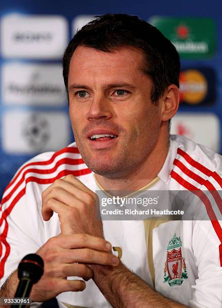 Jamie Carragher talks to the media during the Liverpool press conference at the Ferenc Puskas Stadium on November 23, 2009 in Budapest, Hungary....