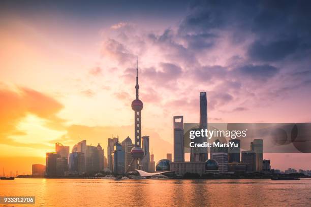 aerial view of shanghai at sunrise - china economy stock pictures, royalty-free photos & images