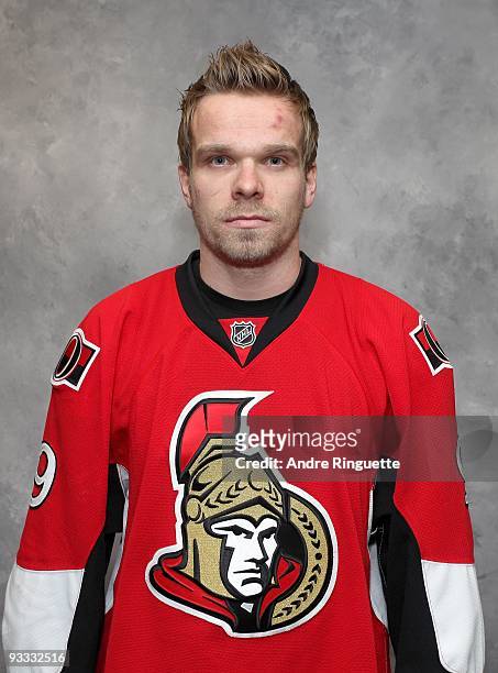 Milan Michalek of the Ottawa Senators poses for his official headshot for the 2009-2010 NHL season prior to the game against the Toronto Maple Leafs...