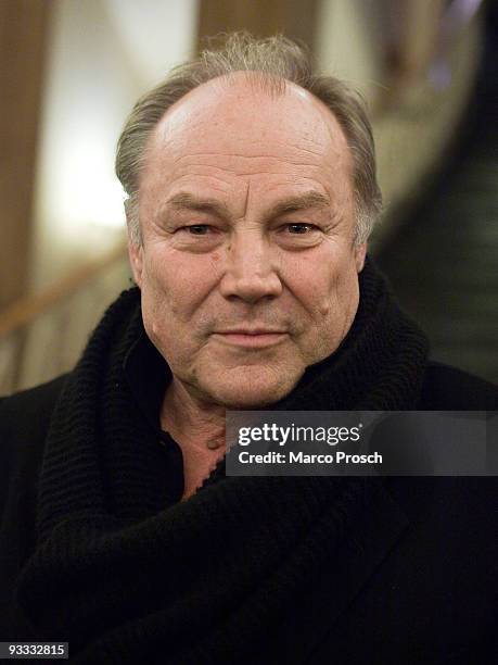 Actor Klaus Maria Brandauer poses before the screening of his 1989 film 'Georg Elser - Einer aus Deutschland' at the Centraltheater on November 23,...