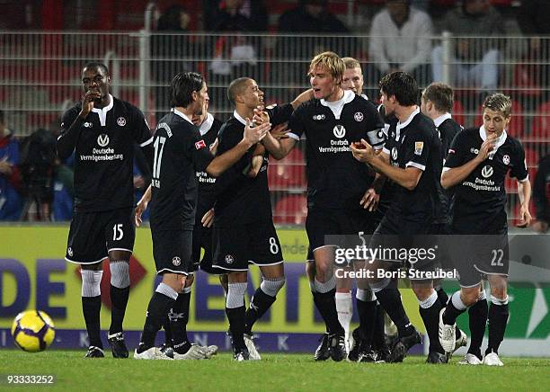 Martin Amedick of Kaiserslautern celebrates his first goal with his team mates during the Second Bundesliga match between 1. FC Union Berlin and 1....