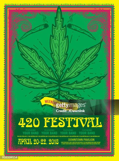 stockillustraties, clipart, cartoons en iconen met gelukkig 420 festival ontwerpsjabloon poster - marijuana leaf text symbol