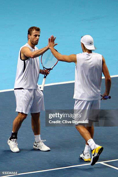 Lukasz Kubot of Poland and Oliver Marach of Austria celebrates winning the match during the men's doubles first round match against Lukas Dlouhy of...
