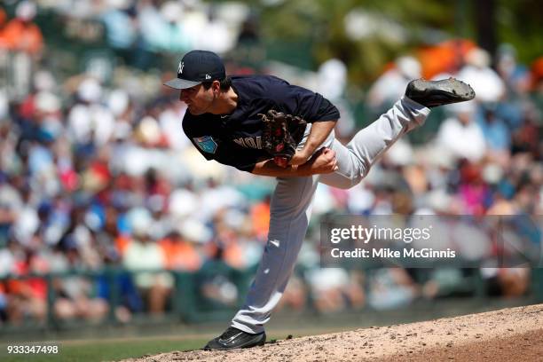 David Hale of the New York Yankees pitches during the Spring Training game against the Baltimore Orioles at Spectrum Field on March 14, 2018 in...