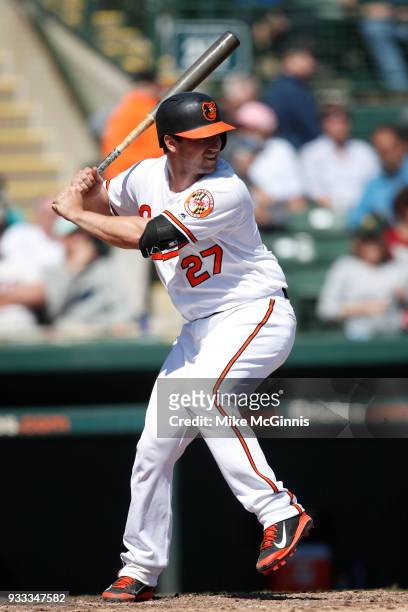 Andrew Susac of the Baltimore Orioles gets ready for the next pitch during the Spring Training game against the New York Yankees at Spectrum Field on...