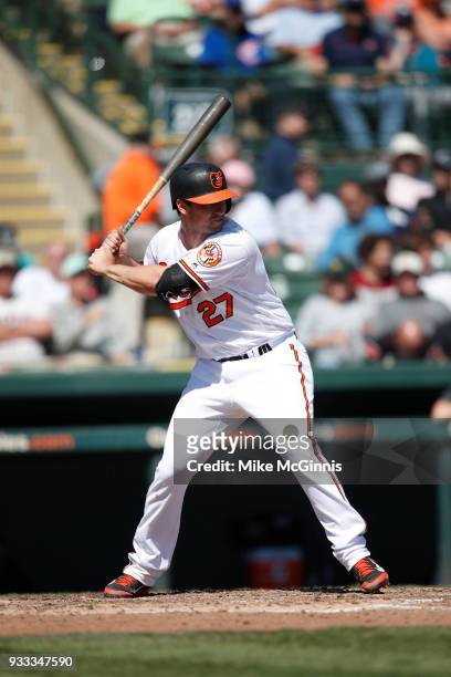 Andrew Susac of the Baltimore Orioles gets ready for the next pitch during the Spring Training game against the New York Yankees at Spectrum Field on...