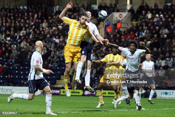 Andy Carroll of Newcatle United heads goalward during the Coca-Cola League Championship match between Preston North End and Newcastle United at...