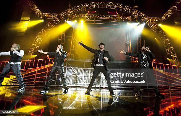 Singer Nick Carter, Howie Dorough, AJ McLean and Brian Littrell of the US American boy group Backstreet Boys performs live during a concert at the O2...