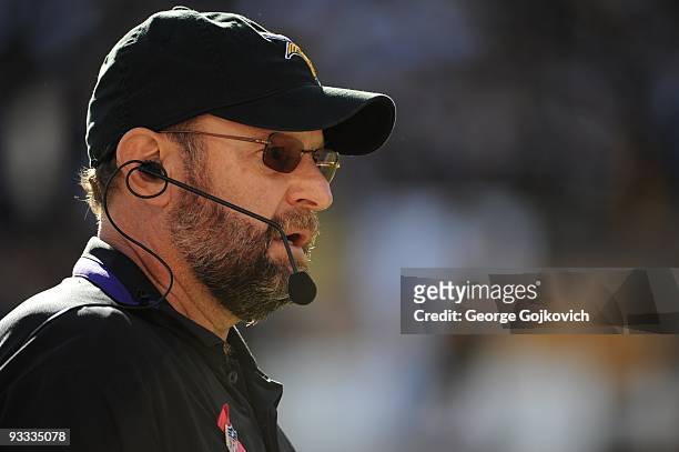 Head coach Brad Childress of the Minnesota Vikings looks on from the sideline during a game against the Pittsburgh Steelers at Heinz Field on October...