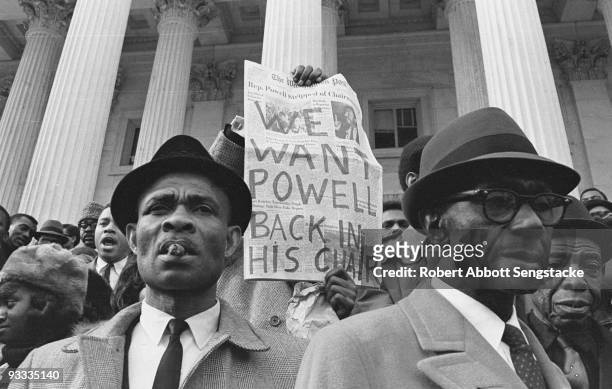 Supporters of US Congressman Adam Clayton Powell, Jr. Rally to protest his having been stripped of the chairmanship of the Education and Labor...