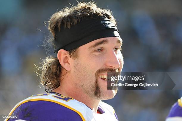 Defensive lineman Jared Allen of the Minnesota Vikings looks on from the sideline during a game against the Pittsburgh Steelers at Heinz Field on...
