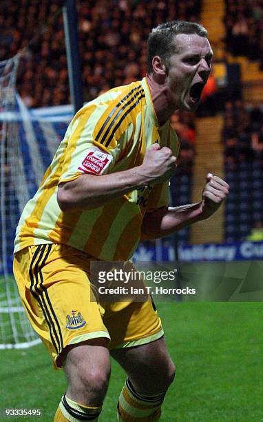 Kevin Nolan of Newcastle United celebrates his goal during the Coca-Cola League Championship match between Preston North End and Newcastle United at...