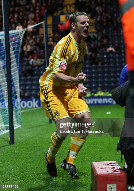 Kevin Nolan of Newcastle United celebrates his goal during the Coca-Cola League Championship match between Preston North End and Newcastle United at...