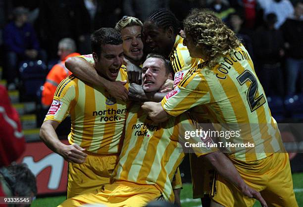 Kevin Nolan of Newcastle United celebrates his goal during the Coca-Cola League Championship match between Preston North End and Newcastle United at...