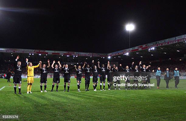 The team of Kaiserslautern celebrates after winning the Second Bundesliga match between 1. FC Union Berlin and 1. FC Kaiserslautern at the stadium An...